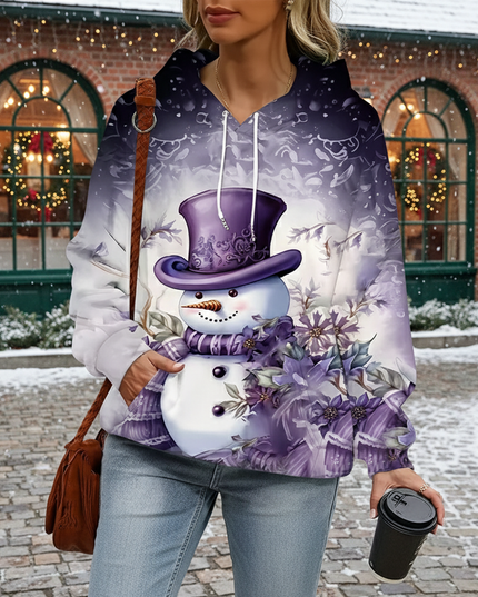 Women's Purple Snowman Graphic Print Hoodie with Drawstring Hoodie