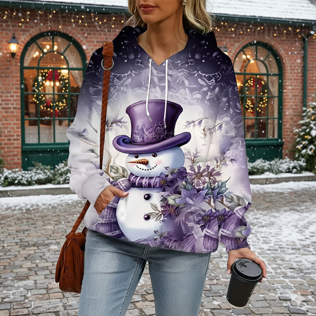 Women's Purple Snowman Graphic Print Hoodie with Drawstring Hoodie
