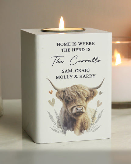 Personalised Highland Cow Wooden Tealight Holder