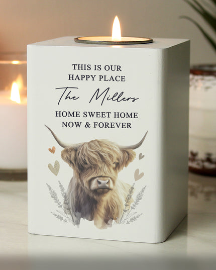 Personalised Highland Cow Wooden Tealight Holder