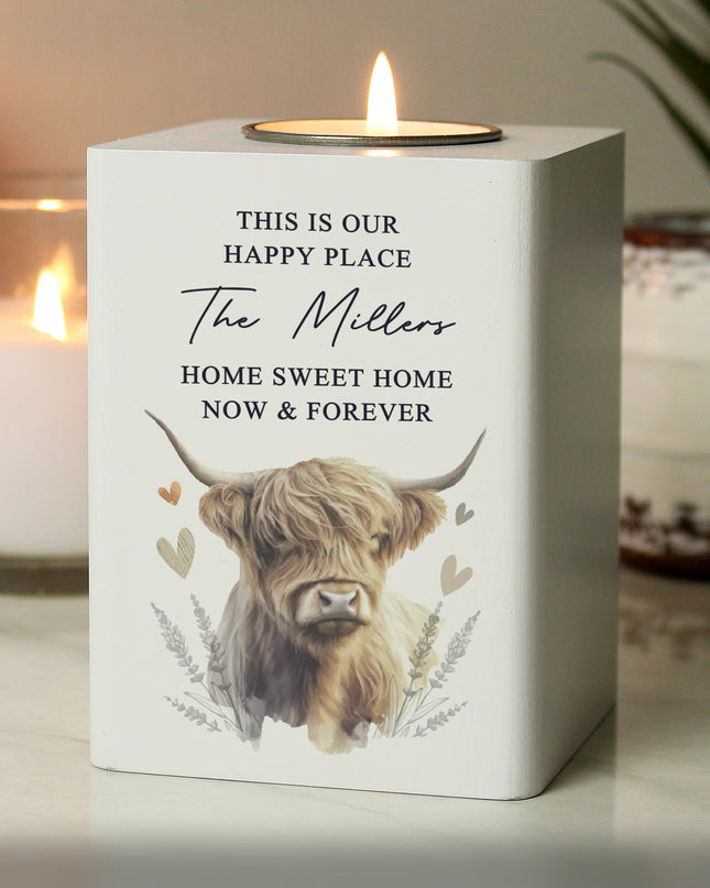 Personalised Highland Cow Wooden Tealight Holder