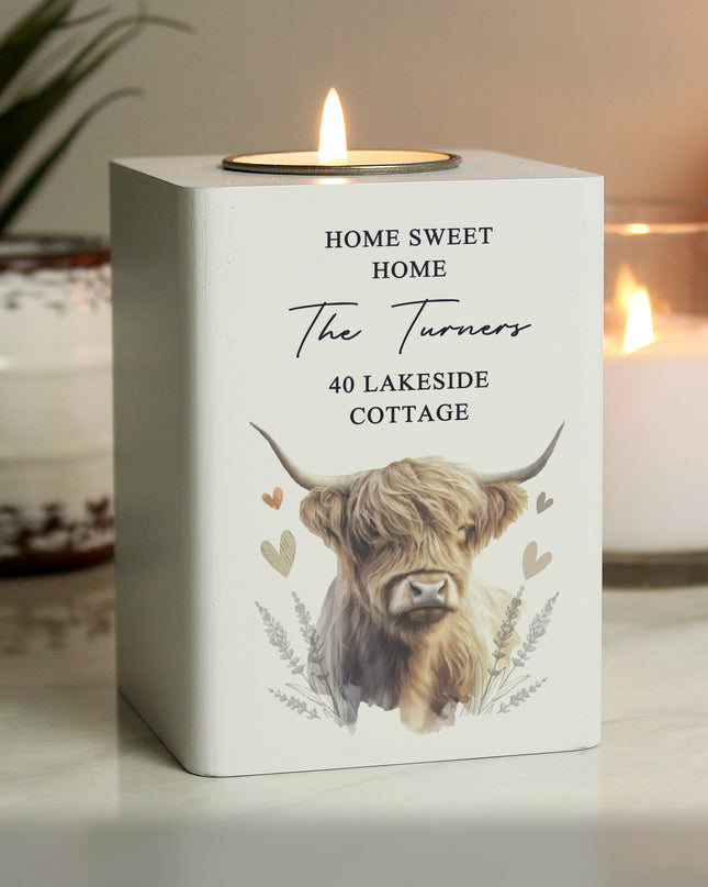 Personalised Highland Cow Wooden Tealight Holder