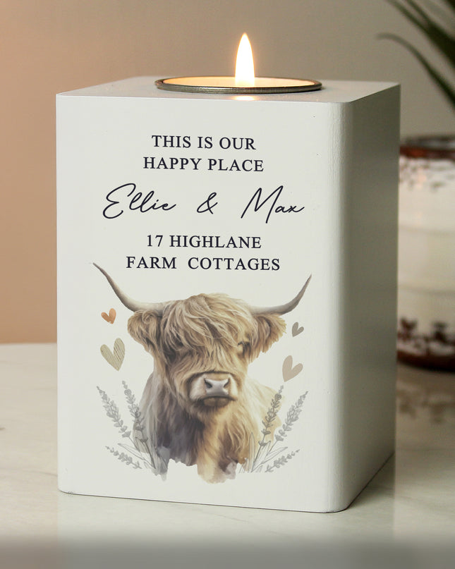 Personalised Highland Cow Wooden Tealight Holder