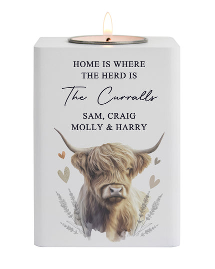Personalised Highland Cow Wooden Tealight Holder