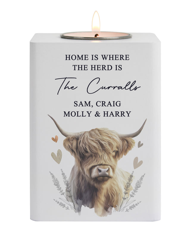 Personalised Highland Cow Wooden Tealight Holder