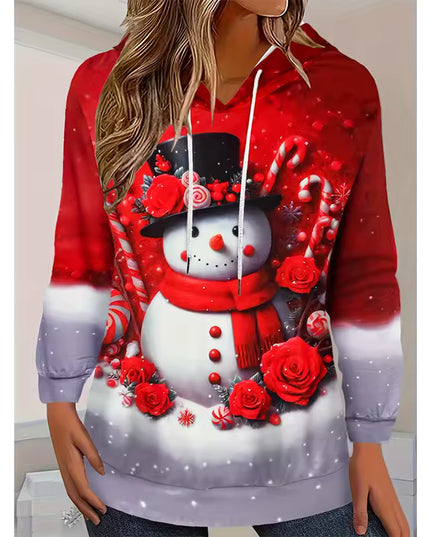 Long Sleeve V-Neck Christmas Snowman Print Hoodie with Drawstring Hoodie