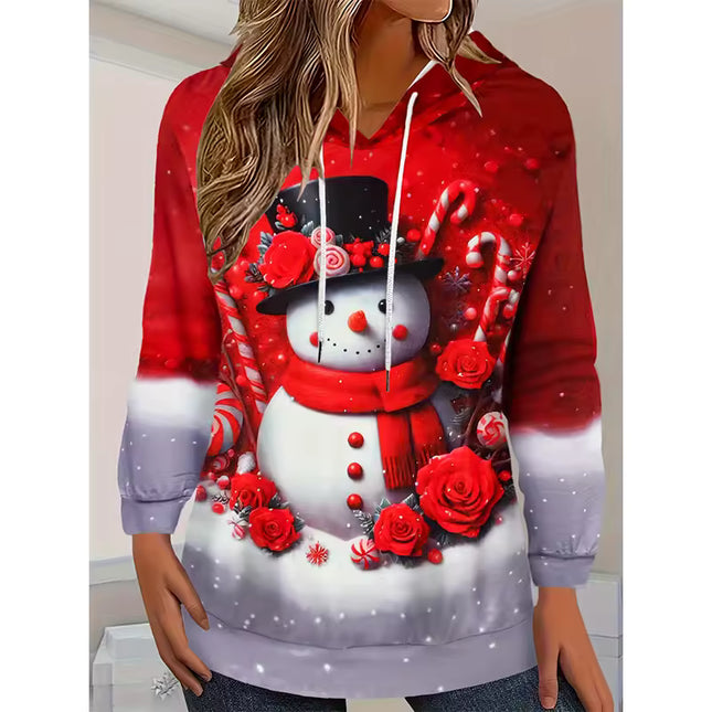 Long Sleeve V-Neck Christmas Snowman Print Hoodie with Drawstring Hoodie