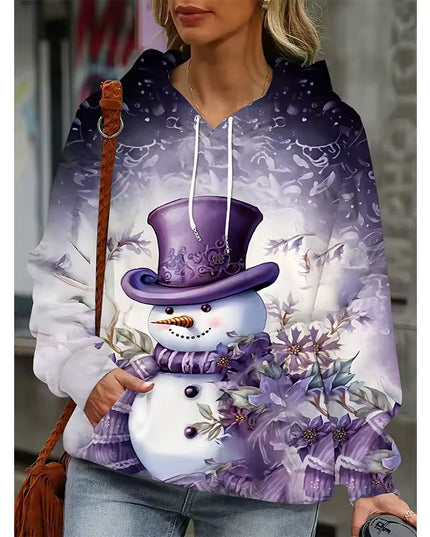 Women's Purple Snowman Graphic Print Hoodie with Drawstring Hoodie