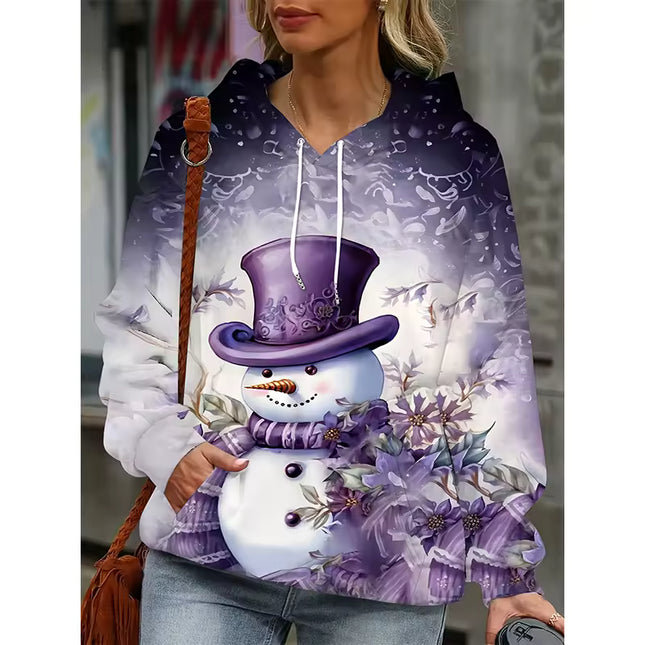 Women's Purple Snowman Graphic Print Hoodie with Drawstring Hoodie