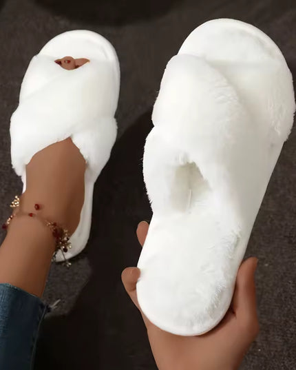 Women's Cross Band Fluffy Furry Slippers Slippers