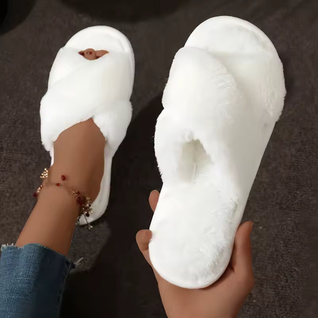 Women's Cross Band Fluffy Furry Slippers Slippers