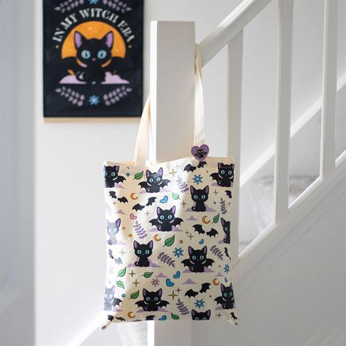 Cute and Creepy Cat Print Polycotton Tote Bag with Enamel Pin - Magical Emporium 