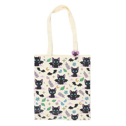 Cute and Creepy Cat Print Polycotton Tote Bag with Enamel Pin - Magical Emporium 