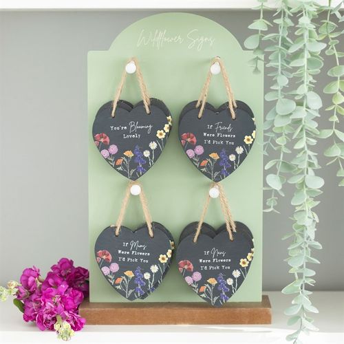 Set of 24 Wildflower Slate Hearts on Display Hanging signs