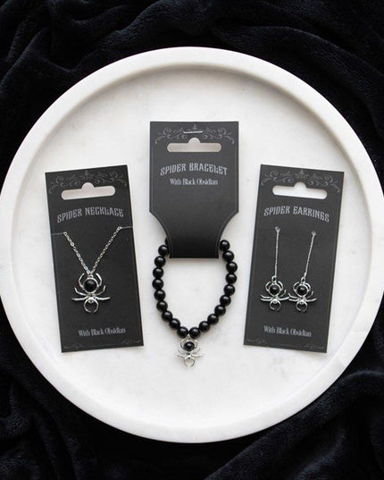 Black Obsidian Spider Threader Earrings - Magical Emporium 